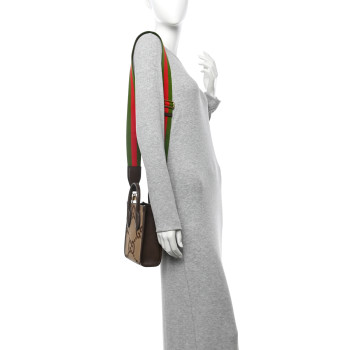 GUCCI Monogram Jumbo GG Textured Dollar Calfskin Web Mini Vertical Tote Camel Ebony New Acero