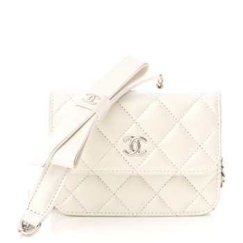 CHANEL Iridescent Lambskin Quilted Coco Bow Clutch With Chain White