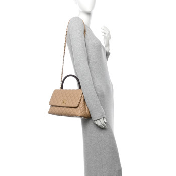 CHANEL Caviar Lizard Embossed Quilted Small Coco Handle Flap Beige