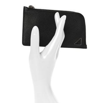 PRADA Vitello Micrograin Triangle Zip Card Holder Black