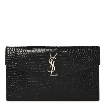 SAINT LAURENT Calfskin Crocodile Embossed Uptown Monogram Clutch Black
