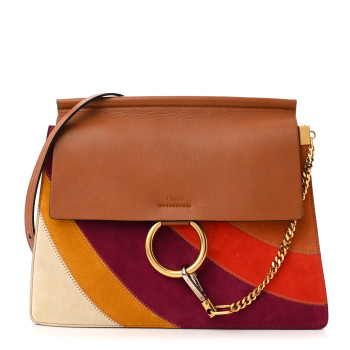 CHLOE Calfskin Suede Rainbow Patchwork Medium Faye Shoulder Bag Caramel