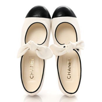 CHANEL Lambskin Bow Mary Jane Flats 36.5 White Black