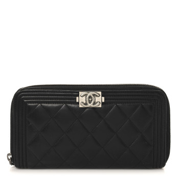CHANEL Lambskin Quilted Boy Zip Around Wallet Black