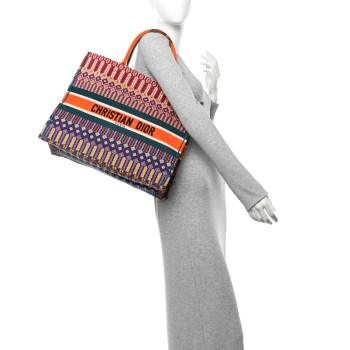 CHRISTIAN DIOR Canvas Embroidered Large Book Tote Orange Multicolor