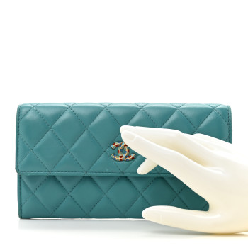 CHANEL Lambskin Gripoix Quilted Gusset Flap Wallet Turquoise