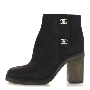 CHANEL Suede CC Turnlock Ankle Boots 37.5 Brown