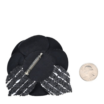 CHANEL Tweed Camellia Pin Brooch Black