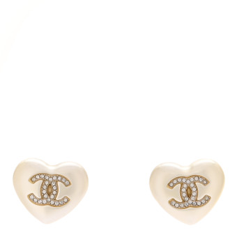 CHANEL Pearl Crystal CC Heart Earrings Gold