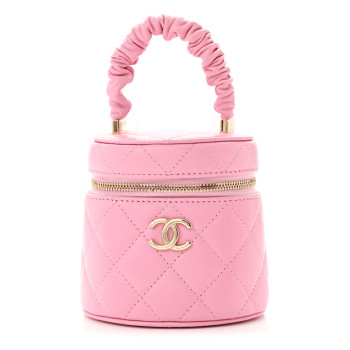 CHANEL Lambskin Quilted Ruched Handle Vanity Case Pink