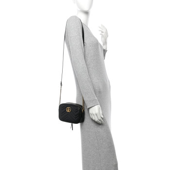 GUCCI Calfskin Matelasse Mini GG Marmont Chain Shoulder Bag Black