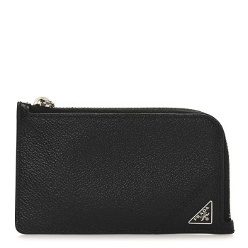PRADA Vitello Micrograin Triangle Zip Card Holder Black
