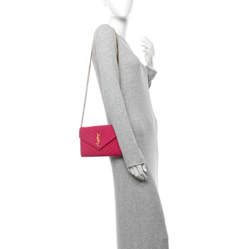 SAINT LAURENT Grain De Poudre Matelasse Chevron Monogram Chain Wallet Hot Pink