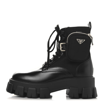 PRADA Spazzolato Rois Re-Nylon Metal Triangle Logo Monolith Pouch Pocket 55mm Boots 39.5 Black