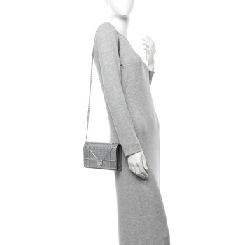 CHRISTIAN DIOR Metallic Patent Micro-Cannage Diorama Wallet on Chain Pouch Silver