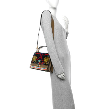 FENDI Vitello Liberty Velvet FF 1974 Hearts Padlock Embroidered Kan I Shoulder Bag Fango Multicolor