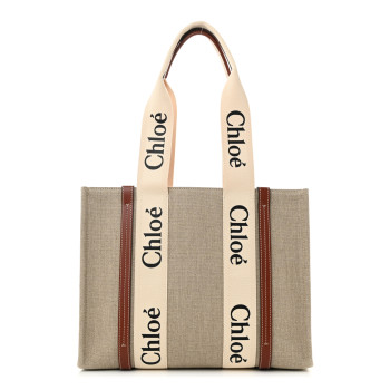 CHLOE Cotton Calfskin Medium Woody Ribbon Tote White Brown