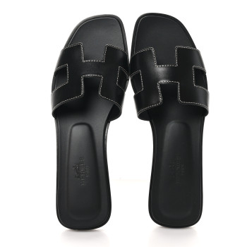 HERMES Box Calfskin Oran Sandals 37 Black