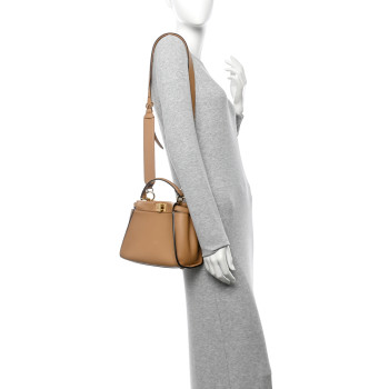 FENDI Vitello Seta Canvas FF Embroidered Mini Peekaboo Iconic Satchel Miele Scuro Poudre