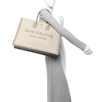 SAINT LAURENT Linen Calfskin Small Rive Gauche Tote Beige Sea Salt