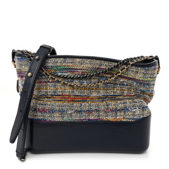 CHANEL Tweed Calfskin Quilted Medium Gabrielle Hobo Navy