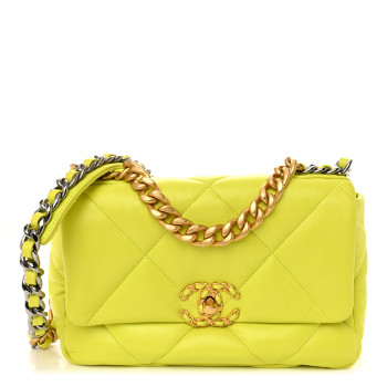 CHANEL Shiny Lambskin Quilted Medium Chanel 19 Flap Neon Yellow