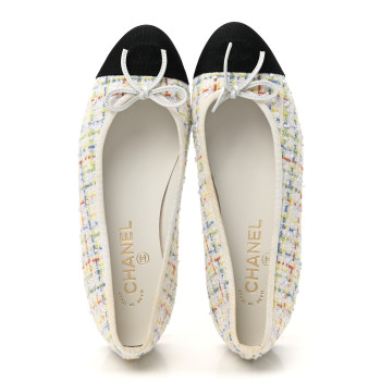 CHANEL Tweed Grosgrain Cap Toe Ballerina Flats 37.5 White Multicolor