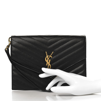 SAINT LAURENT Grain De Poudre Matelasse Chevron Monogram Envelope Clutch Black