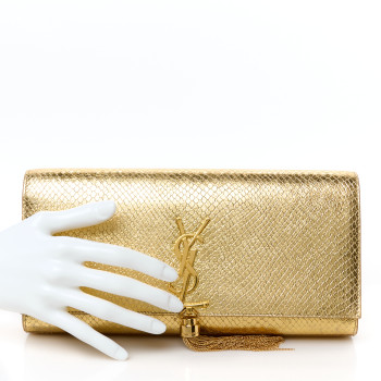 SAINT LAURENT Metallic Calfskin Snakeskin Embossed Classic Monogram Tassel Clutch Gold