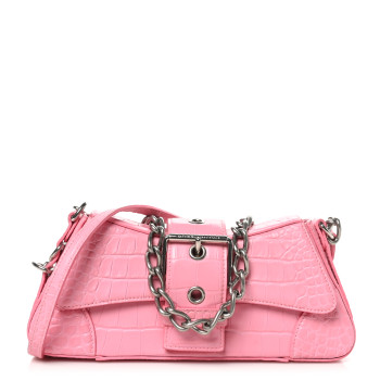 BALENCIAGA Calfskin Crocodile Embossed Small Lindsay Shoulder Bag Sweet Pink