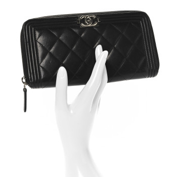 CHANEL Lambskin Quilted Boy Zip Around Wallet Black