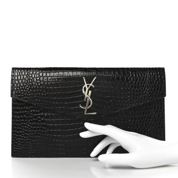 SAINT LAURENT Calfskin Crocodile Embossed Uptown Monogram Clutch Black