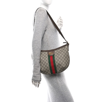 GUCCI GG Supreme Monogram Web Small Ophidia Half Moon Hobo Brown