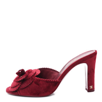 CHANEL Suede Camellia Mule Sandals 39 Red