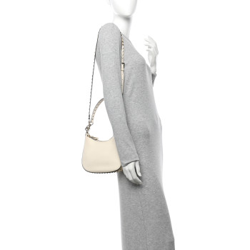 VALENTINO GARAVANI Grainy Calfskin Small Rockstud Hobo Ivory