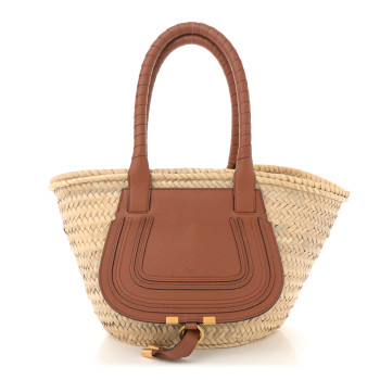 CHLOE Raffia Small Grain Calfskin Medium Marcie Basket Tan