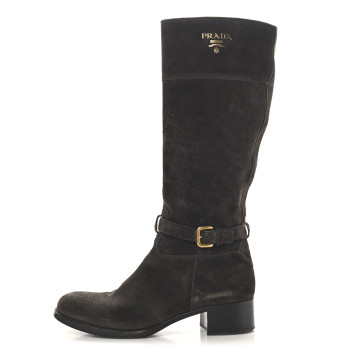 PRADA Suede Metal Triangle Logo Boots 41 Brown