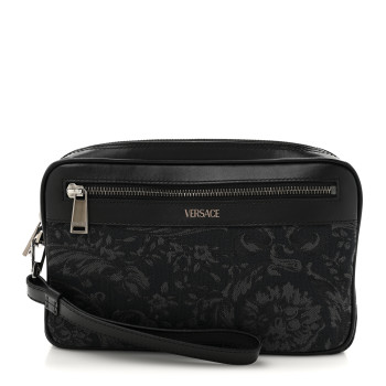 VERSACE Fabric Jacquard Calfskin Barocco Wristlet Pouch Black