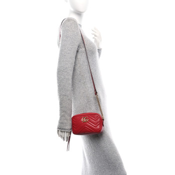 GUCCI Calfskin Matelasse Mini GG Marmont Chain Shoulder Bag Hibiscus Red