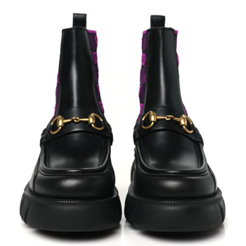 GUCCI Quebec Calfskin Technical Jersey Knit GG Monogram Horsebit Ankle Boots 39 Black Fucsia