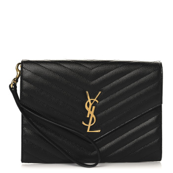 SAINT LAURENT Grain De Poudre Matelasse Chevron Monogram Envelope Clutch Black