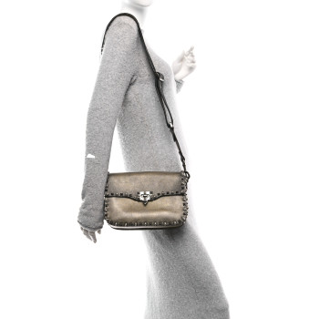 VALENTINO GARAVANI Metallic Grained Calfskin Onyx Medium Guitar Strap Rockstud Rolling Flap Saddle Bag Gold