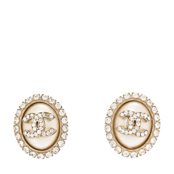 CHANEL Crystal Enamel CC Round Earrings Light Gold White