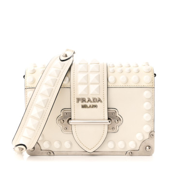 PRADA City Calfskin Saffiano Studded Cahier Bag White