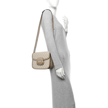 GUCCI GG Supreme Monogram Textured Dollar Calfskin Horsebit 1955 Shoulder Bag Beige Mystic White Oatmeal