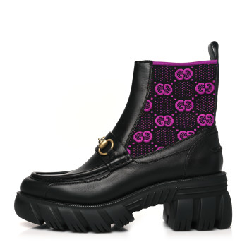 GUCCI Quebec Calfskin Technical Jersey Knit GG Monogram Horsebit Ankle Boots 39 Black Fucsia