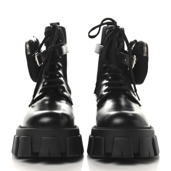 PRADA Spazzolato Rois Re-Nylon Metal Triangle Logo Monolith Pouch Pocket 55mm Boots 39.5 Black