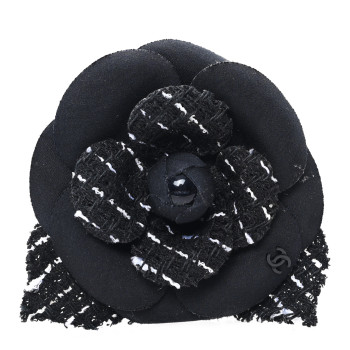 CHANEL Tweed Camellia Pin Brooch Black