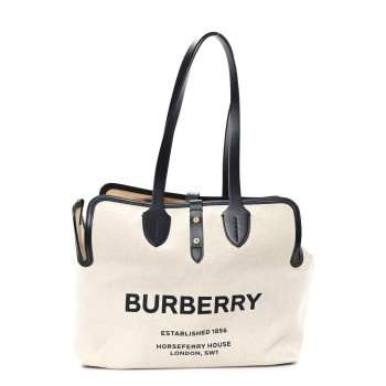 BURBERRY Cotton Soft Canvas Calfskin Medium Belt Tote Natural Black