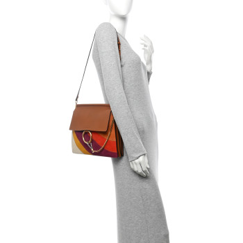 CHLOE Calfskin Suede Rainbow Patchwork Medium Faye Shoulder Bag Caramel